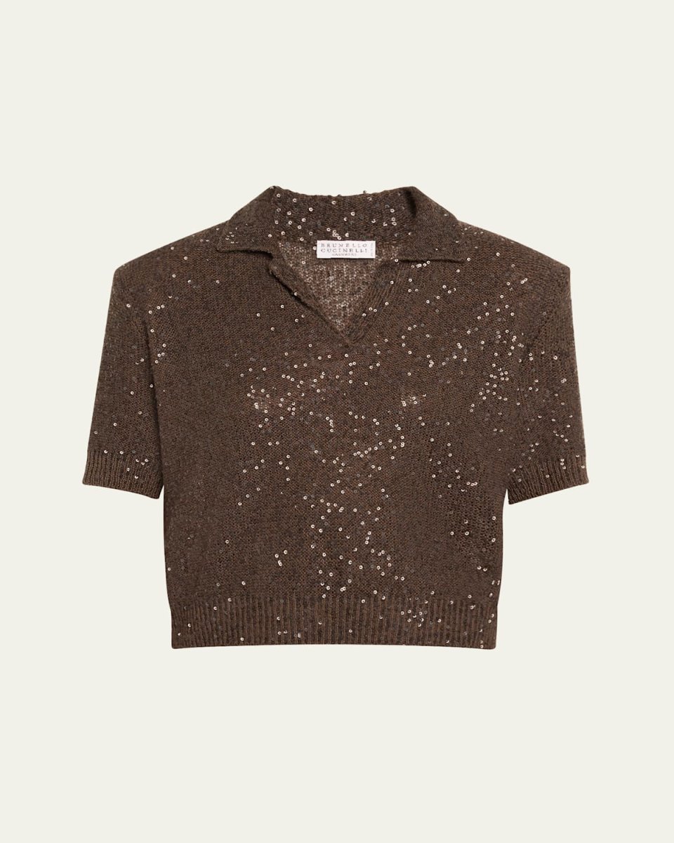 Sequined Cashmere Cropped Polo Sweat